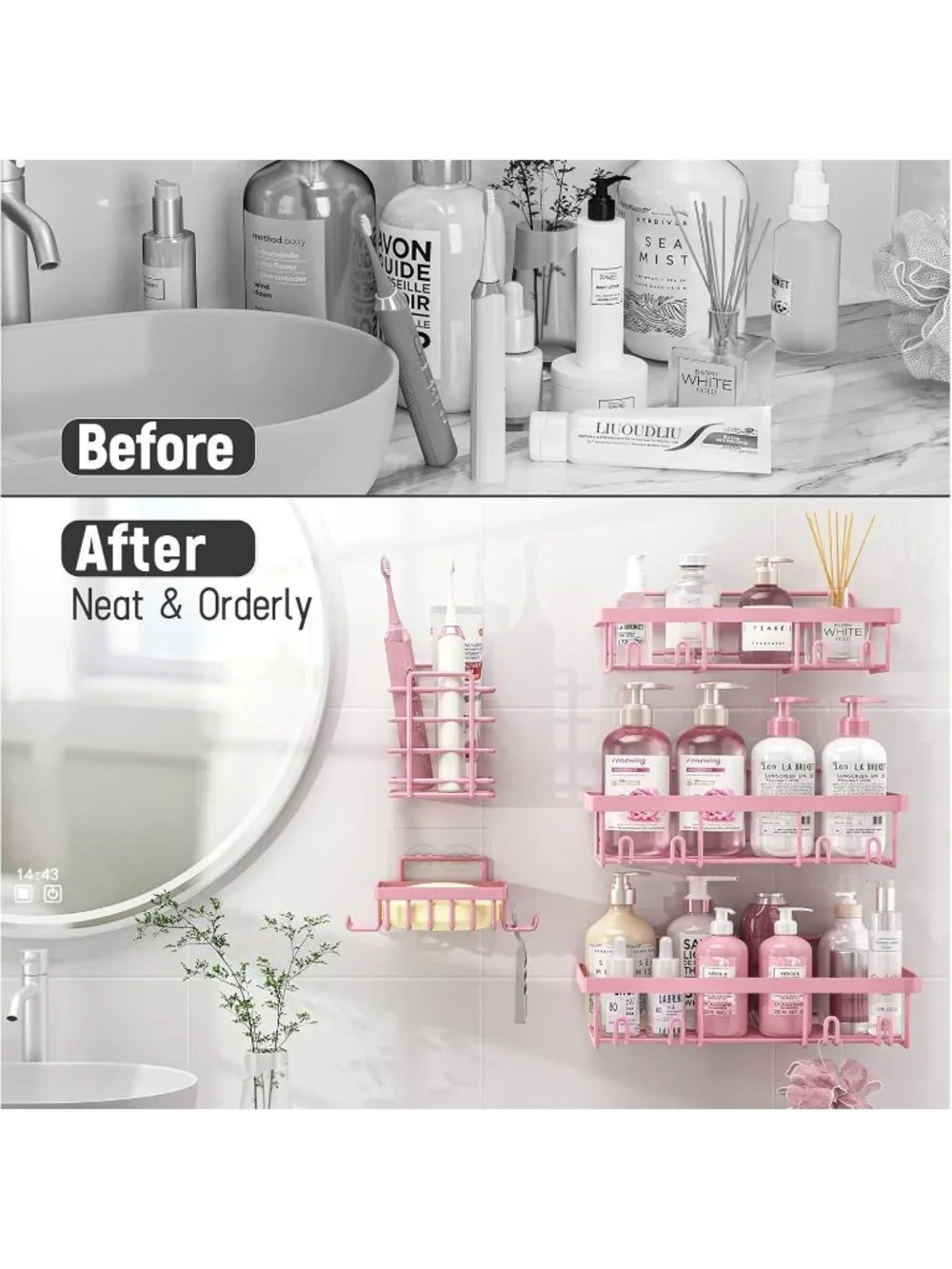 New 5 Pack Pink Adhesive Shower Caddy Organizer Rack Stainless Steel Shelf Set